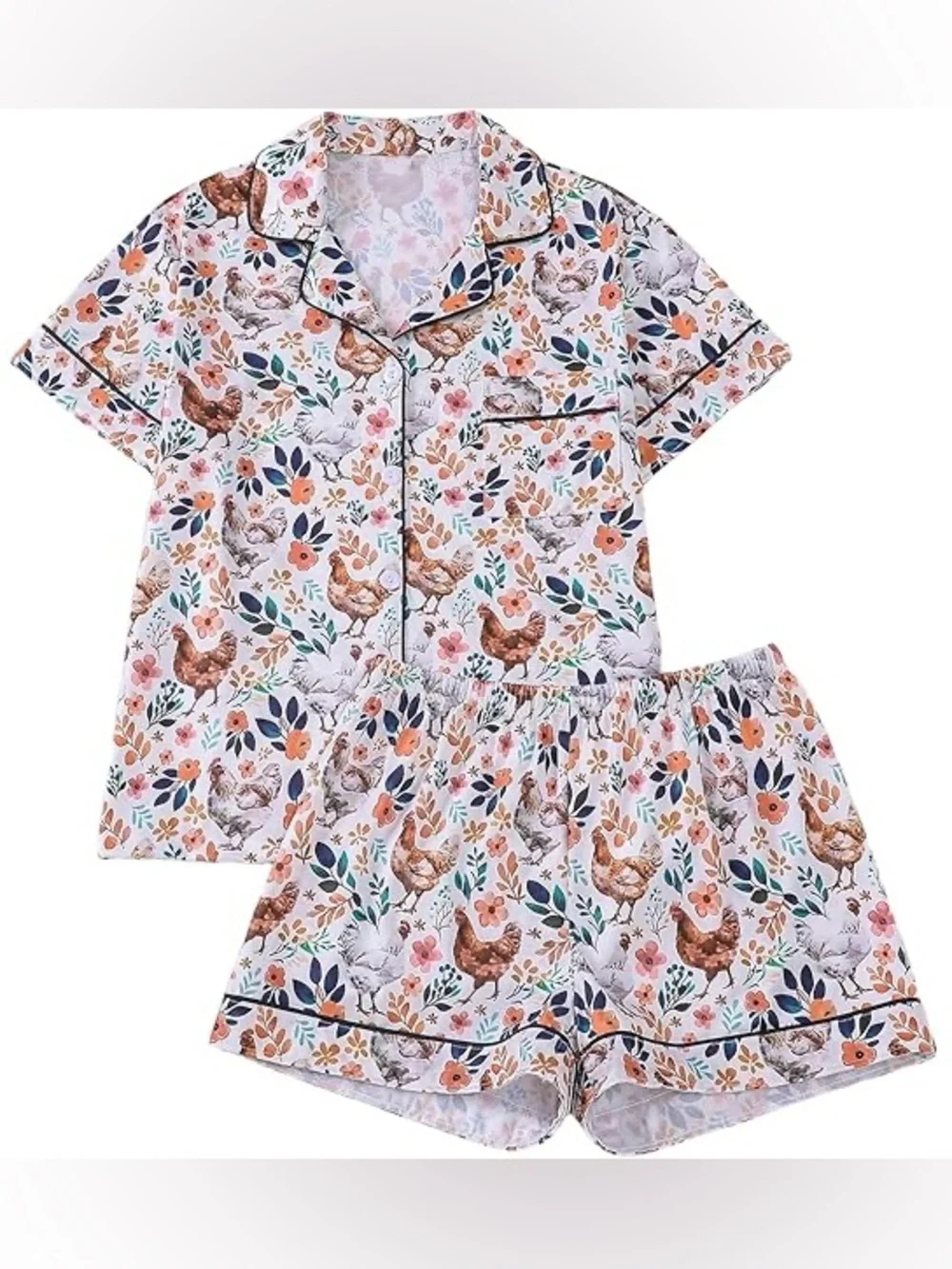 Cottagecore Chicken Print Pajama Set • NWT Cozy Farmhouse Short PJ Set L